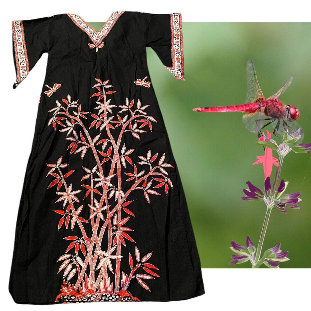 Vintage Ibu Bintang Negara Kaftan Batik Dragonfly Dress Hawaiian Floral Sz M
